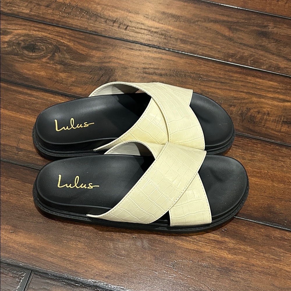 Lulu's Beige and Black Crisscross Slide Sandals